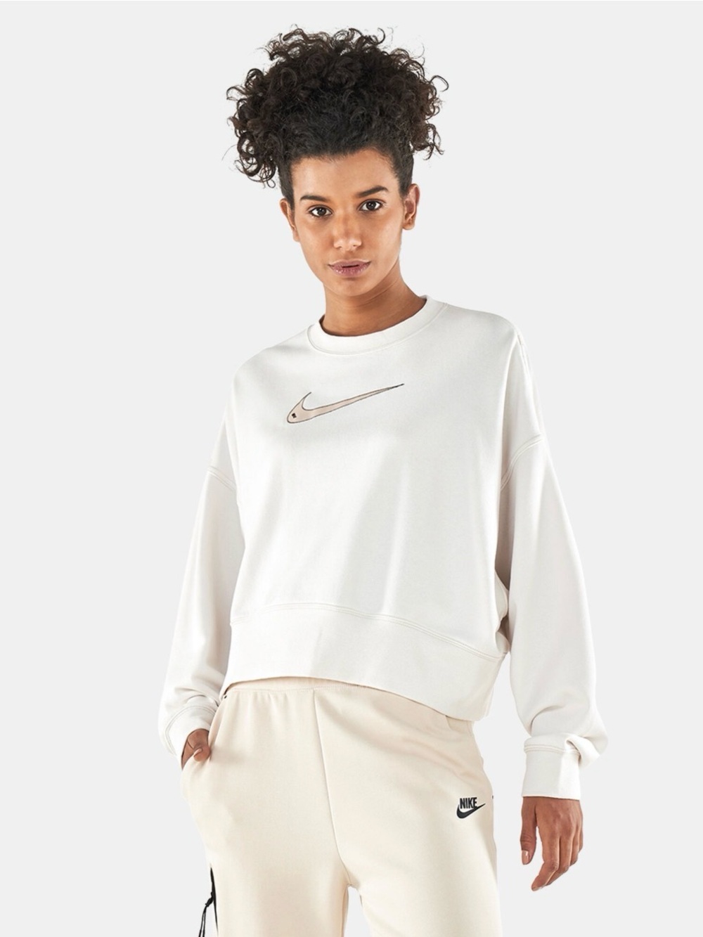 Nike Women's Cream/Beige Swoosh Crew Cropped Sweatshirt Size M 80% Cotton